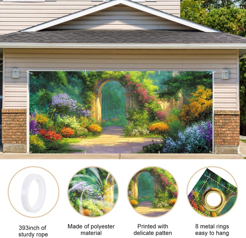ANNA QUEEN Garden Archway Garage Door Banner 6x13FT, Colorful Flower Path Garage Door Cover, Large Outdoor Garden Decoration for Garage Doors, Fence & Fantasy Party Backdrop - Image 4